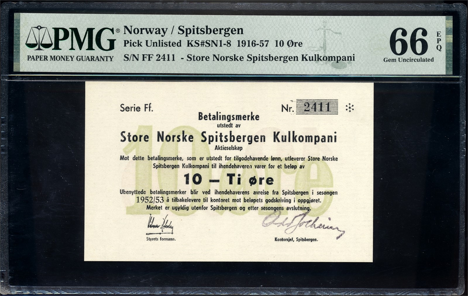 Store Norske Spitsbergen Kullkompani 10 Øre 1952/53 Ff 2411 PMG 66EPQ