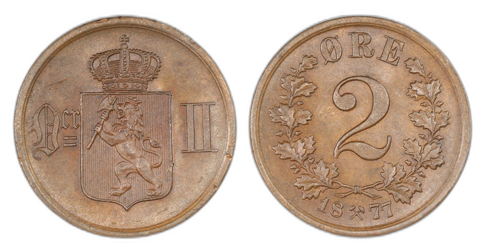 Norway. Oscar II. 2 Øre 1877. Kv 0/01.