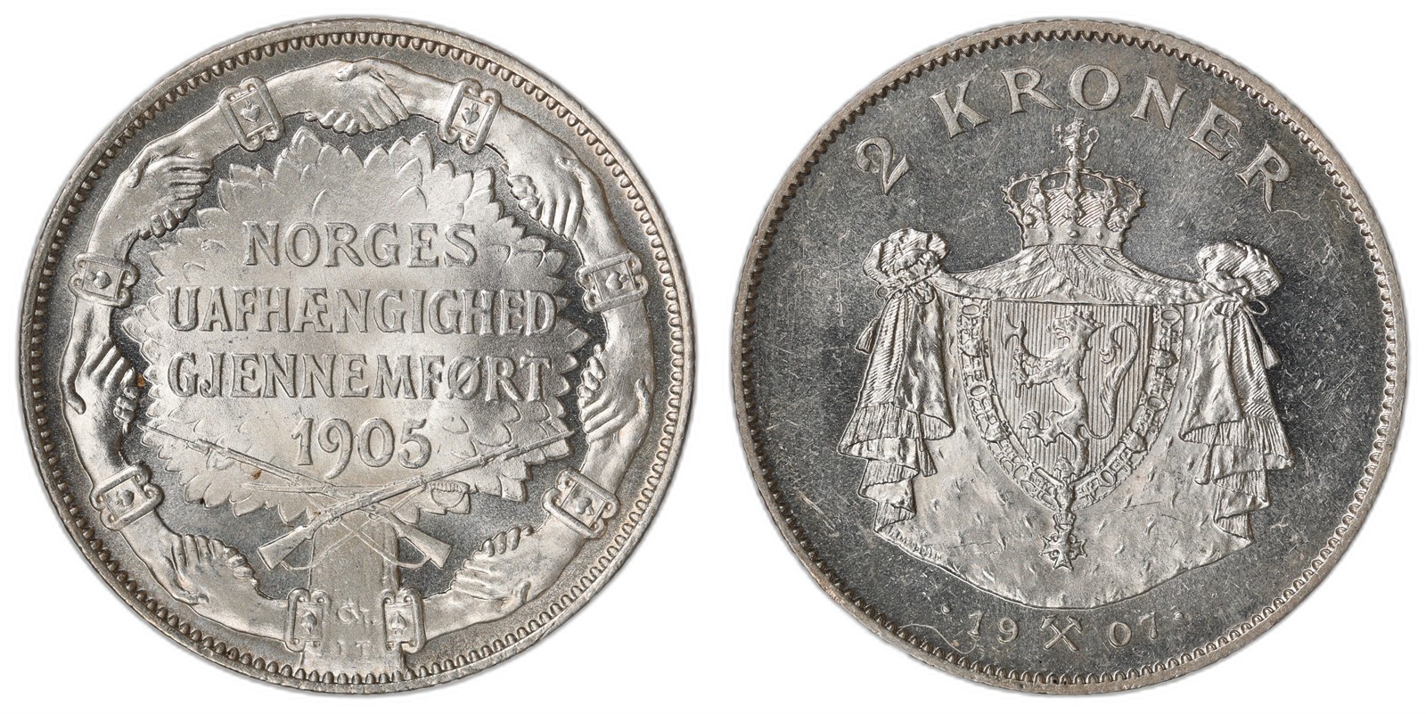 NORWAY. Haakon VII. 2 Kroner 1907. Gevær. Kv 0 (UNC).