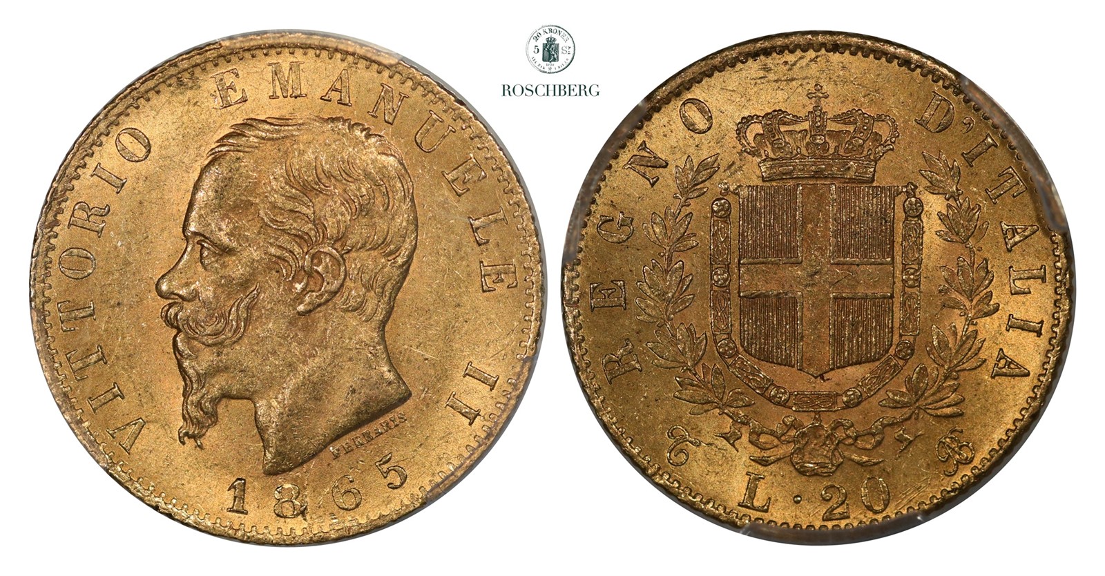 ITALY. 20 Lire 1863-T BN PCGS MS63