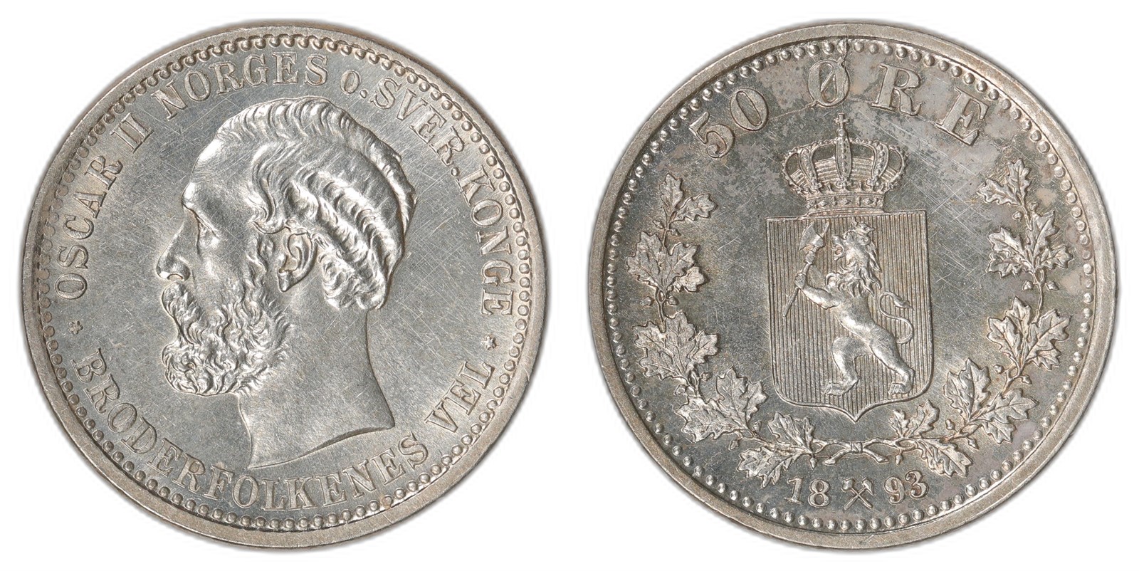 NORWAY. Oscar II. 50 Øre. 1893. Kv 0 (UNC).