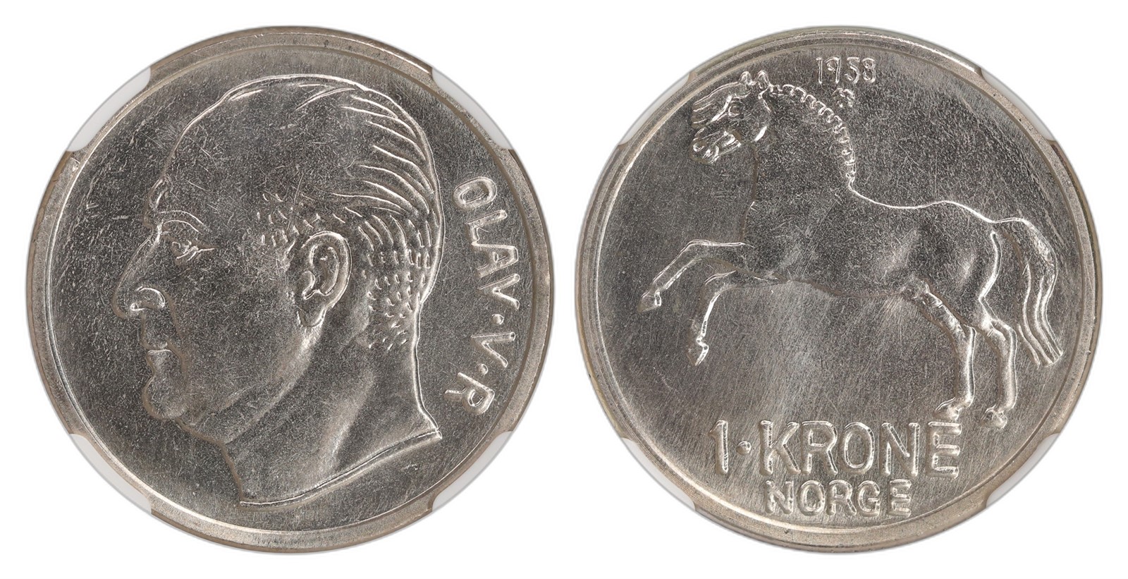 Norway. Olav V. 1 Krone 1958. Kv NGC MS66 PRAKTEX.