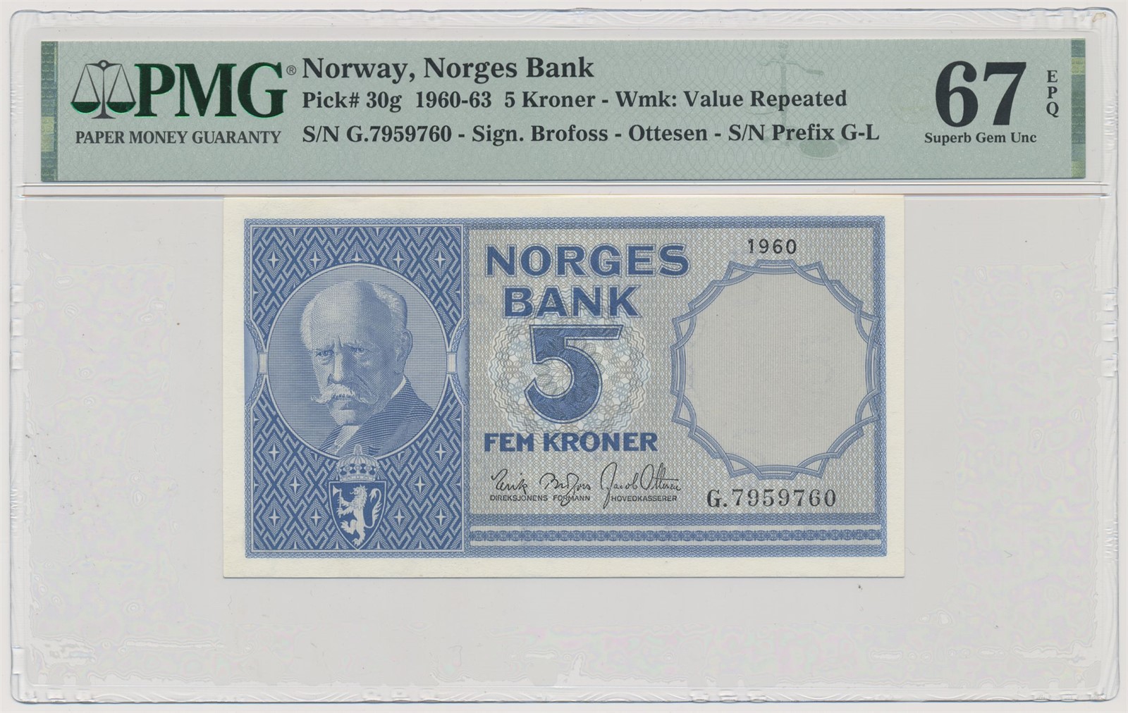 5 Kroner 1960 G PMG 67 EPQ