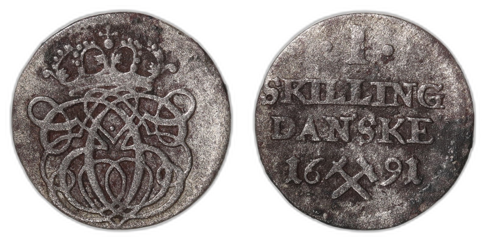 NORWAY. Christian V. 1 Skilling. 1691. Kv 1 (VF).