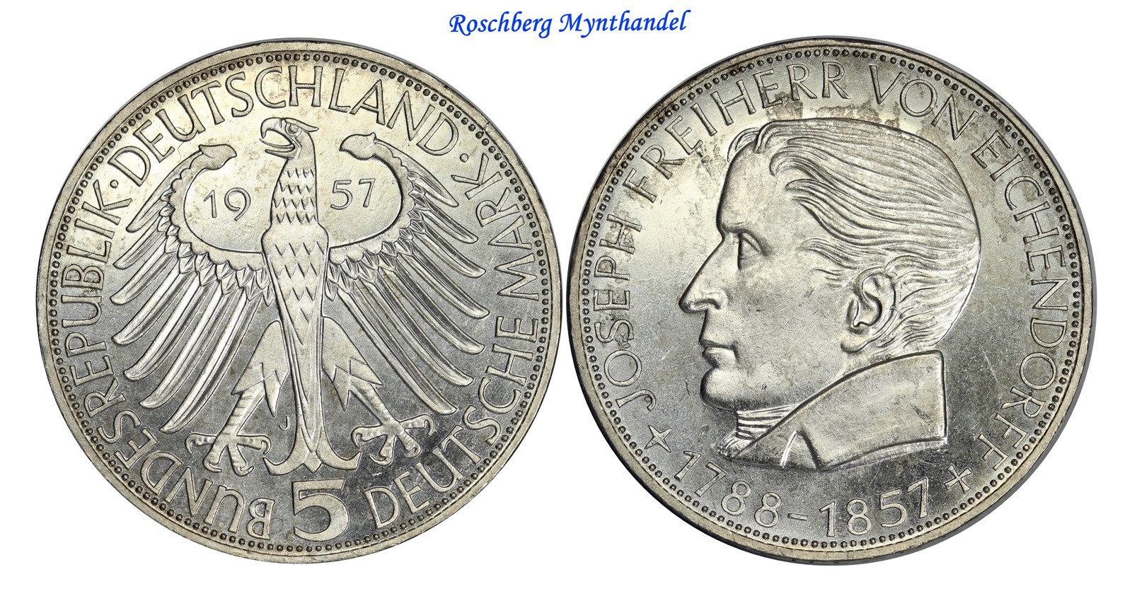 GERMANY, BDR. 5 Reichsmark 1957 J Eichendorff UNC