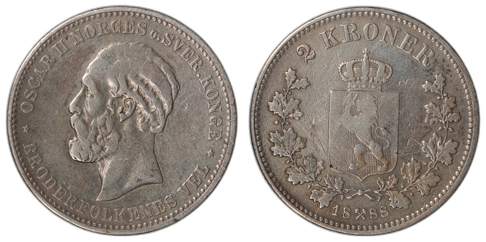 NORWAY. Oscar II. 2 Kroner 1888. Kv 1 (VF).