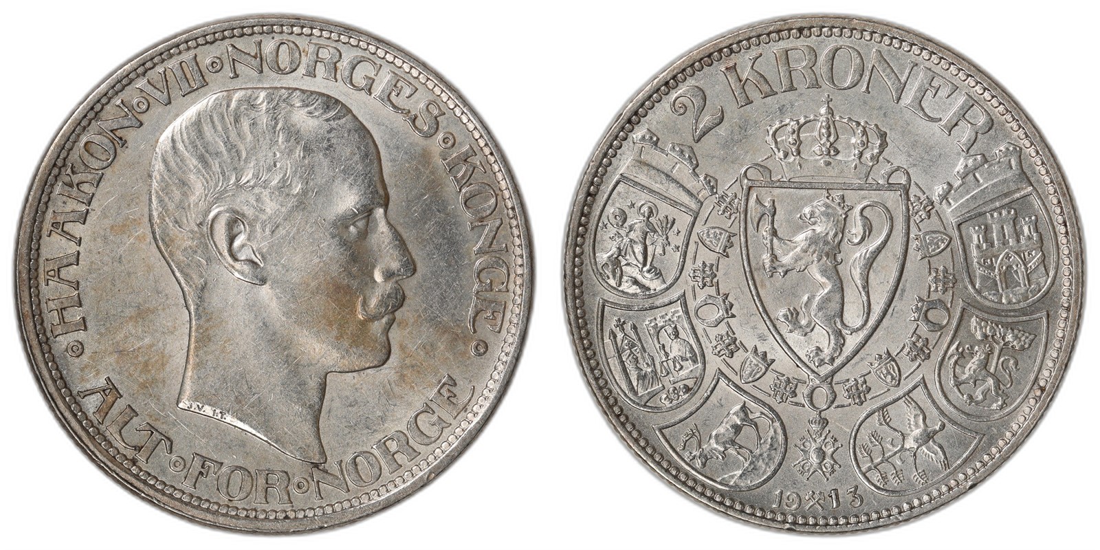 NORWAY. Haakon VII. 2 Kroner 1913. Wide Date Kv 0/01 (UNC).