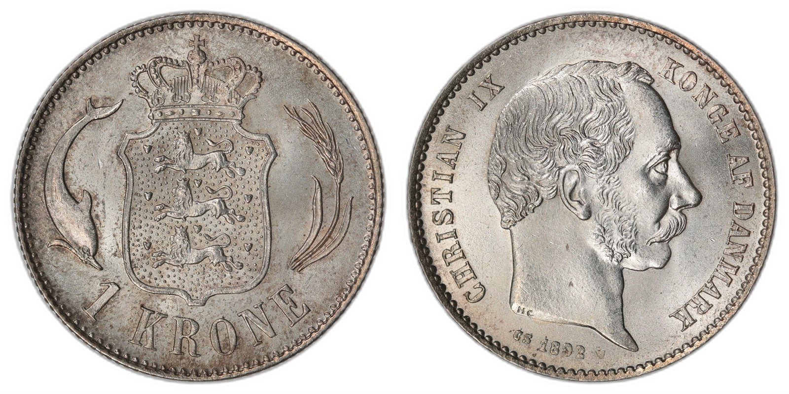 DENMARK. Christian IX. 1 Krone. 1892-HC CS. Kv 0 (UNC).