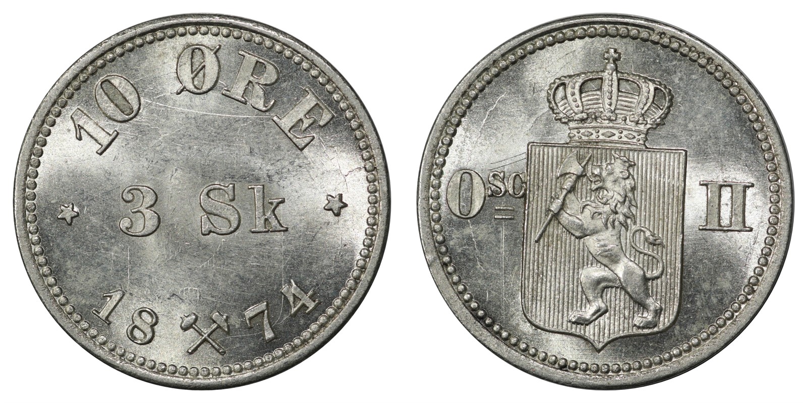 10 Øre / 3 Sk. 1874 Kv 0, vakker