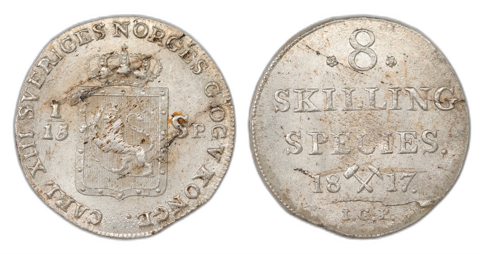 Norway. Carl XIII. 8 Skilling 1817-IGP. Kv 0/01.