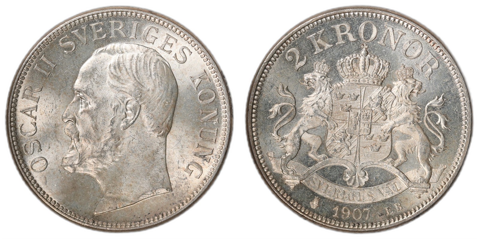 SWEDEN. Oscar II. 2 Kroner. 1907. Kv 0 (UNC).