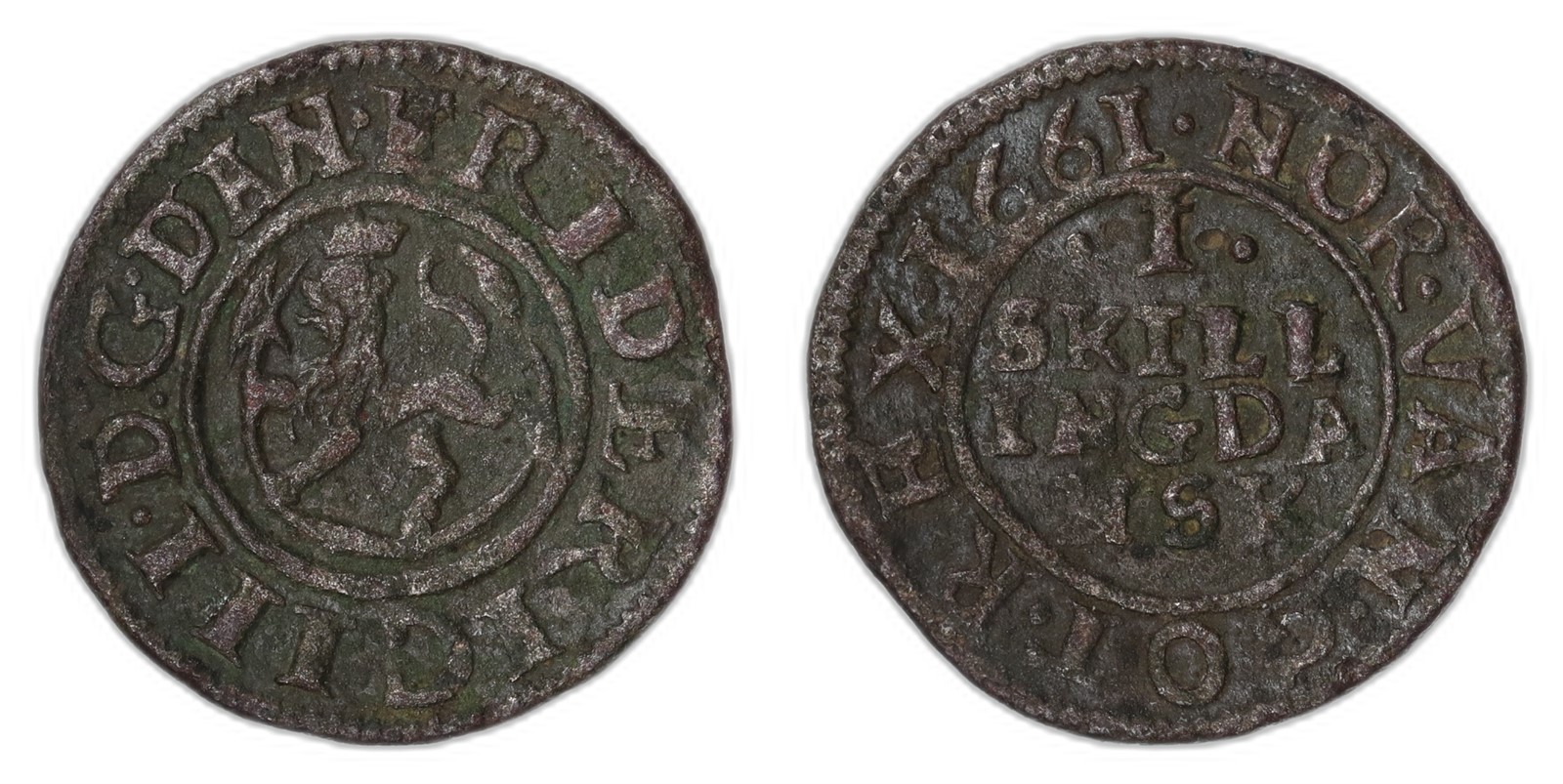 NORWAY. Frederik III. 1 Skilling. 1661. Kv 1+ (XF).