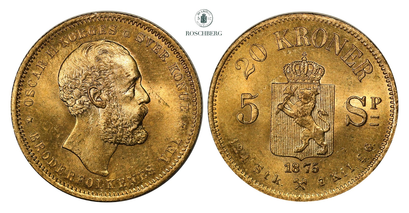 20 Kroner / 5 Sp. 1875 Kv 0/01 (UNC)