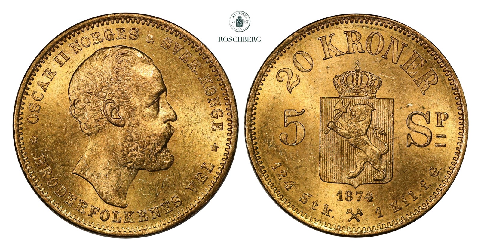 20 Kroner / 5 Sp. 1874 Kv 0/01 (UNC)