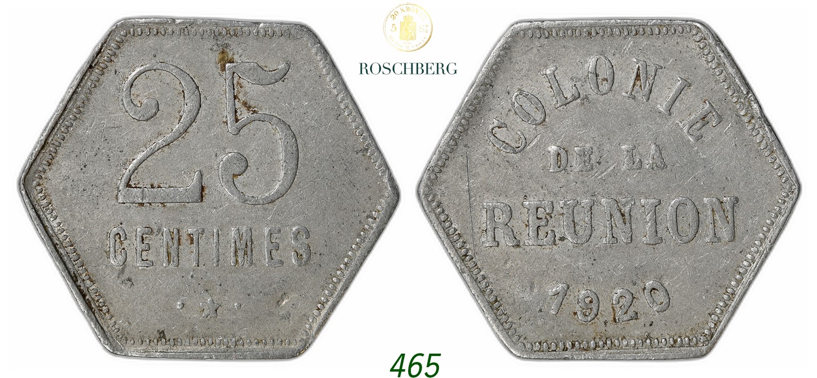 Reunion. French Overseas. 25 Centimes 1920.