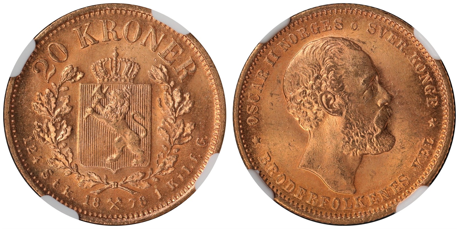 NORWAY. Oscar II. 20 Kroner 1878. NGC MS63.