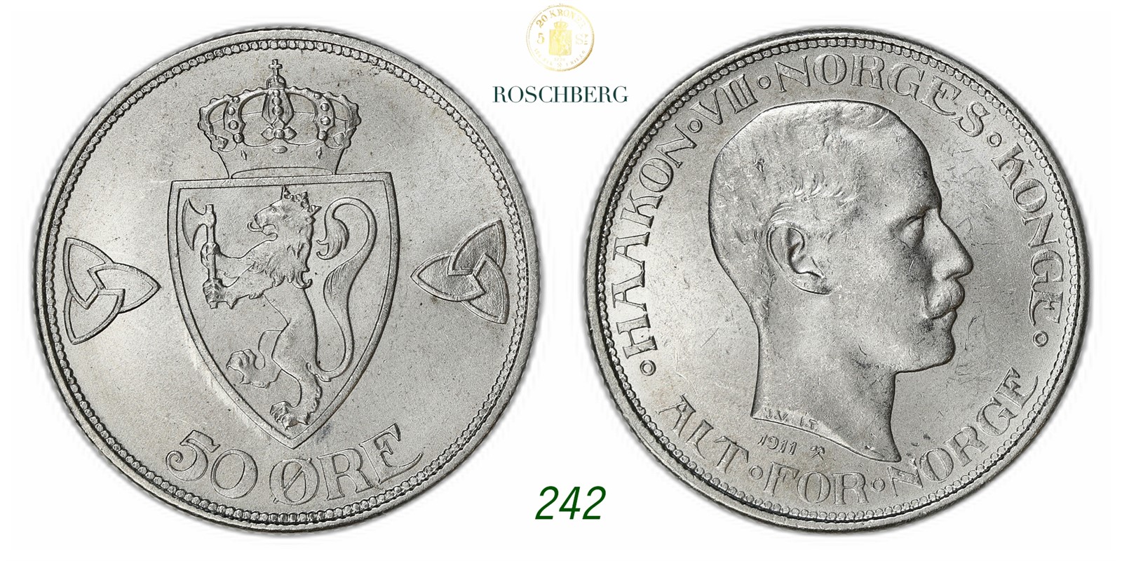 NORWAY. Haakon VII. 50 Øre 1911.