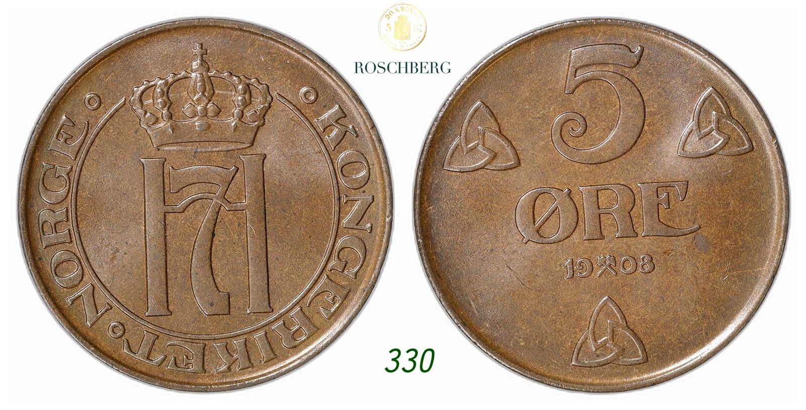 NORWAY. Haakon VII. 5 Øre 1908.