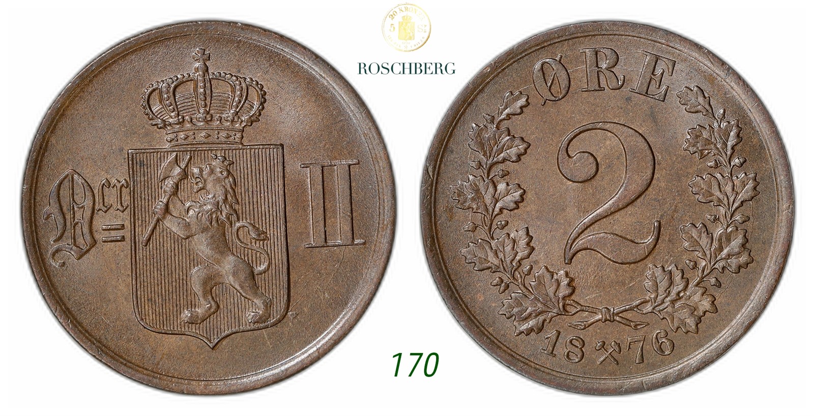NORWAY. Oscar II. 2 Øre 1876.