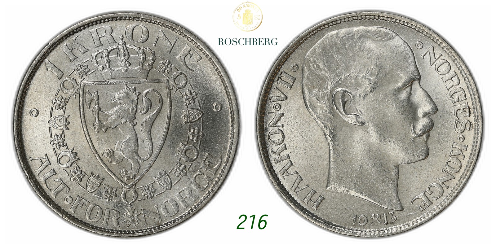 NORWAY. Haakon VII. 1 Krone 1913.