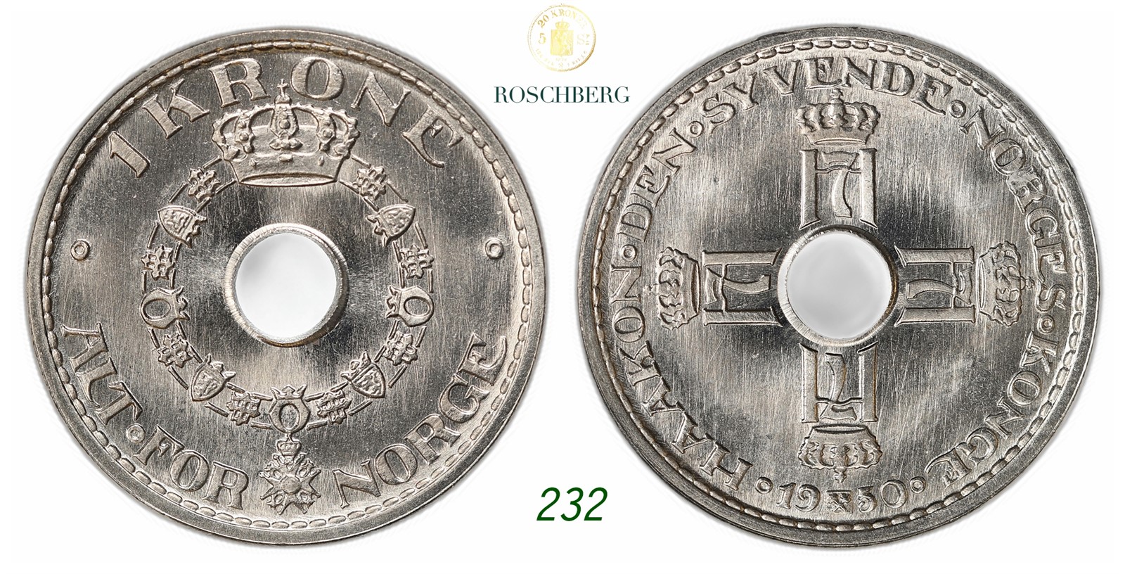 NORWAY. Haakon VII. 1 Krone 1950.