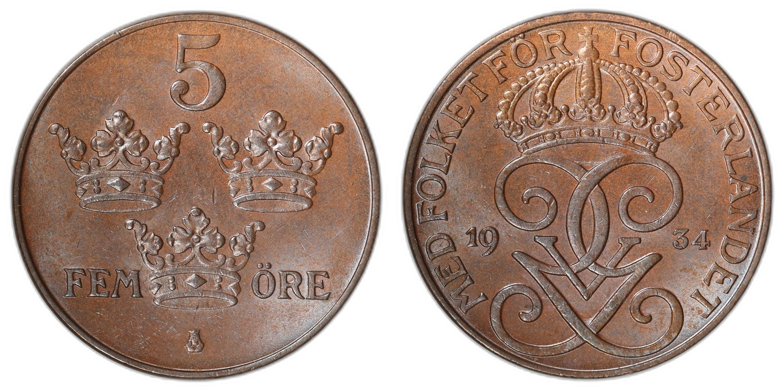 SWEDEN. Gustav V. 5 Öre. 1934. UNC.