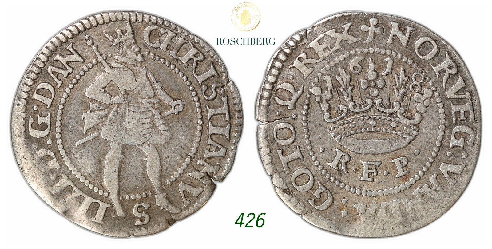 DENMARK. Christian IV. 1/4 Krone 1618.
