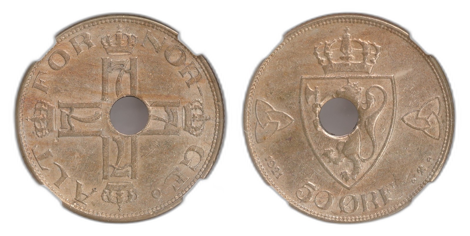 Norway. Haakon VII. 50 Øre 1921- Centre Hole. Kv NGC AU53.