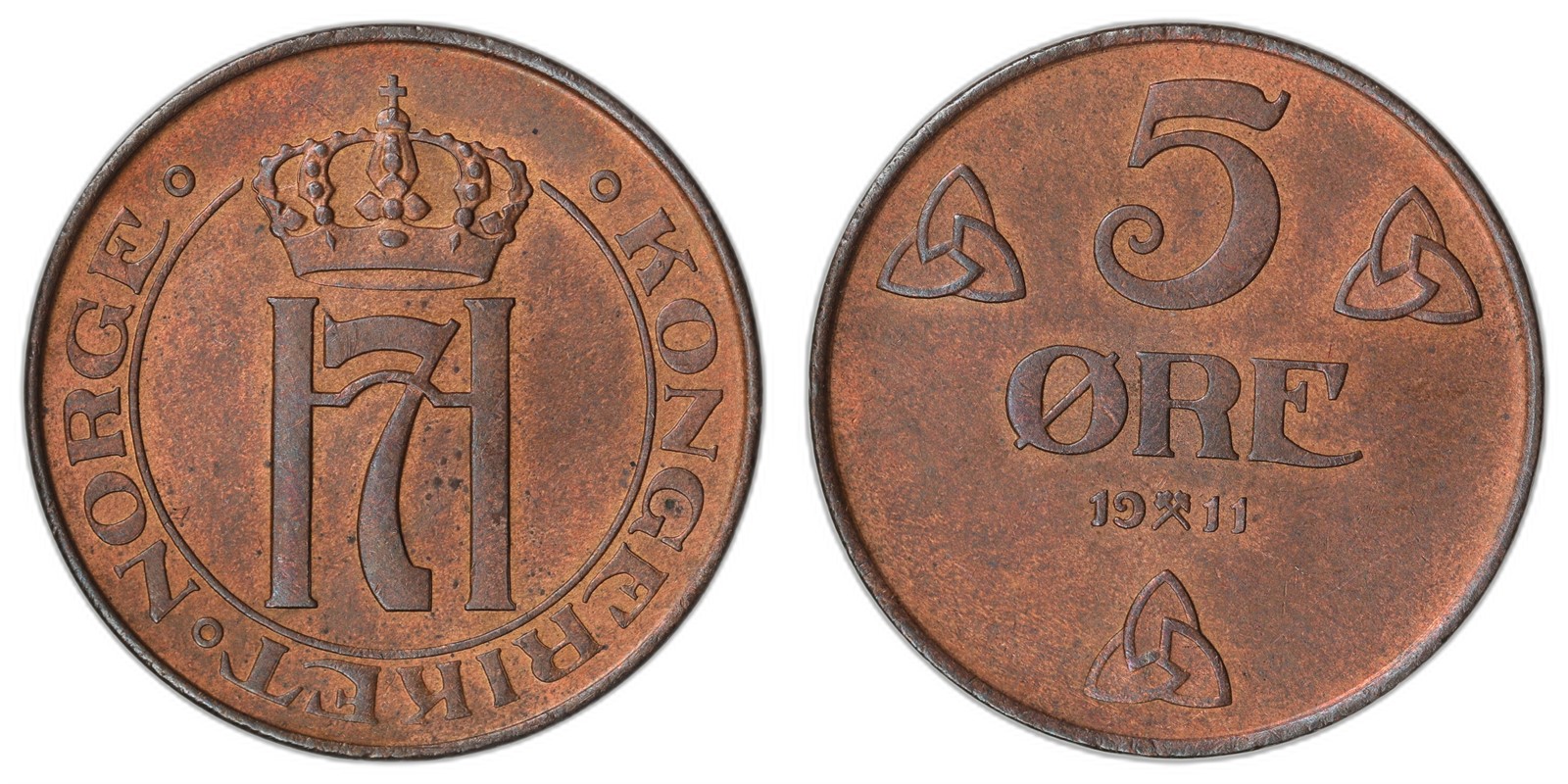 NORWAY. Haakon VII. 5 Øre 1911. Kv 0/01 (UNC).