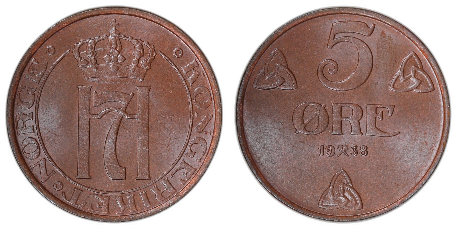 NORWAY. Haakon VII. 5 Øre 1938. Kv 0 (UNC).