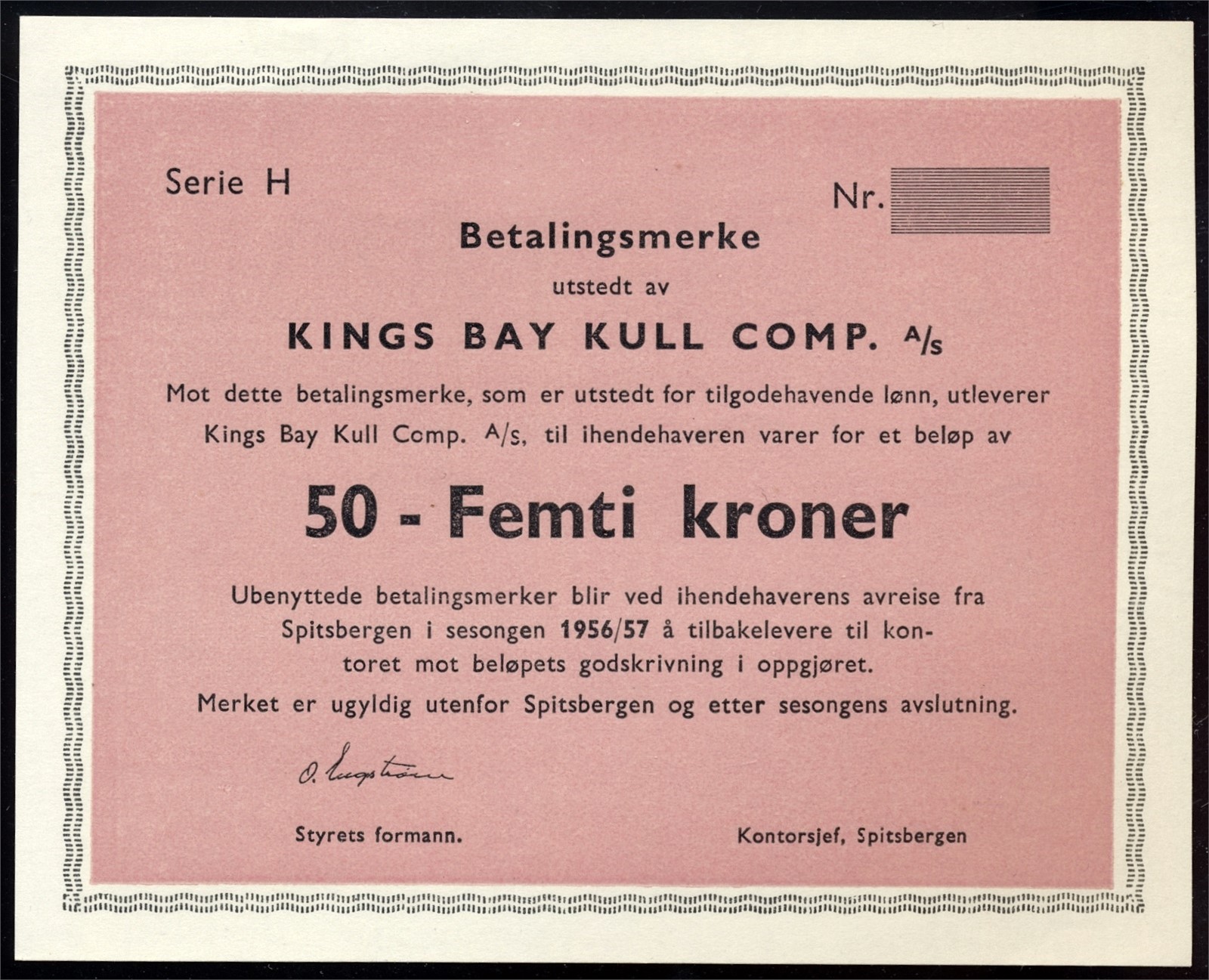 KINGS BAY. 50 Kroner 1956/57 Blankett/remainder Kv 0- (UNC)