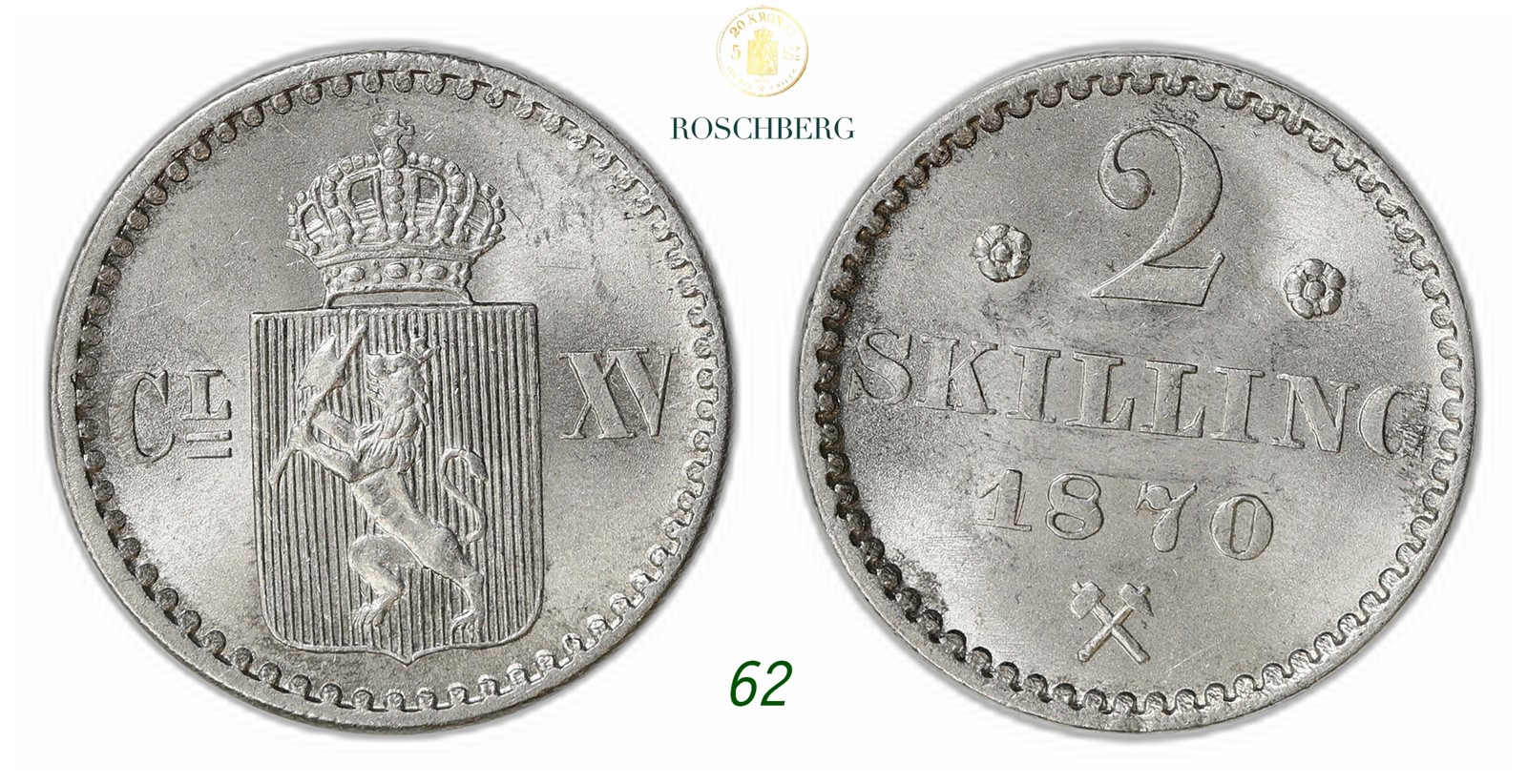 NORWAY. Carl XV. 2 Skilling 1870.