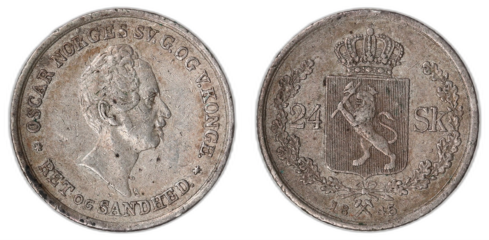 NORWAY. Oscar I. 24 Skilling. 1845. Kv 1 (VF).
