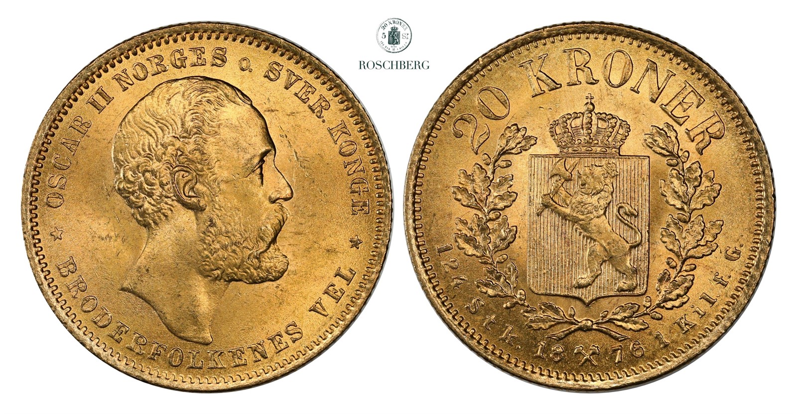 20 Kroner 1876 Kv 0/01(UNC)