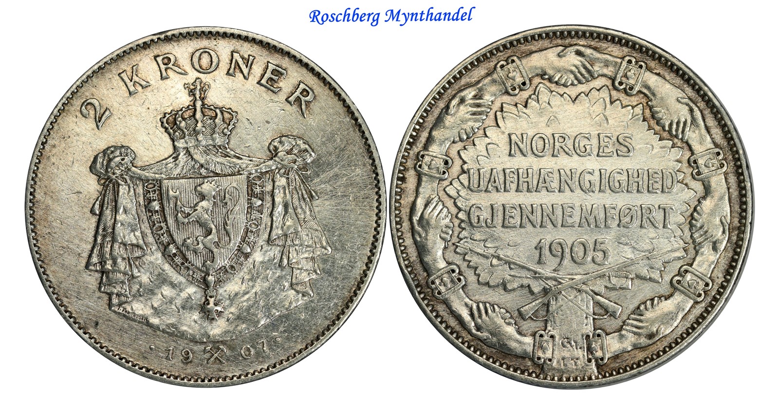 2 Kroner 1907 Gevær Kv 1+, renset (XF)
