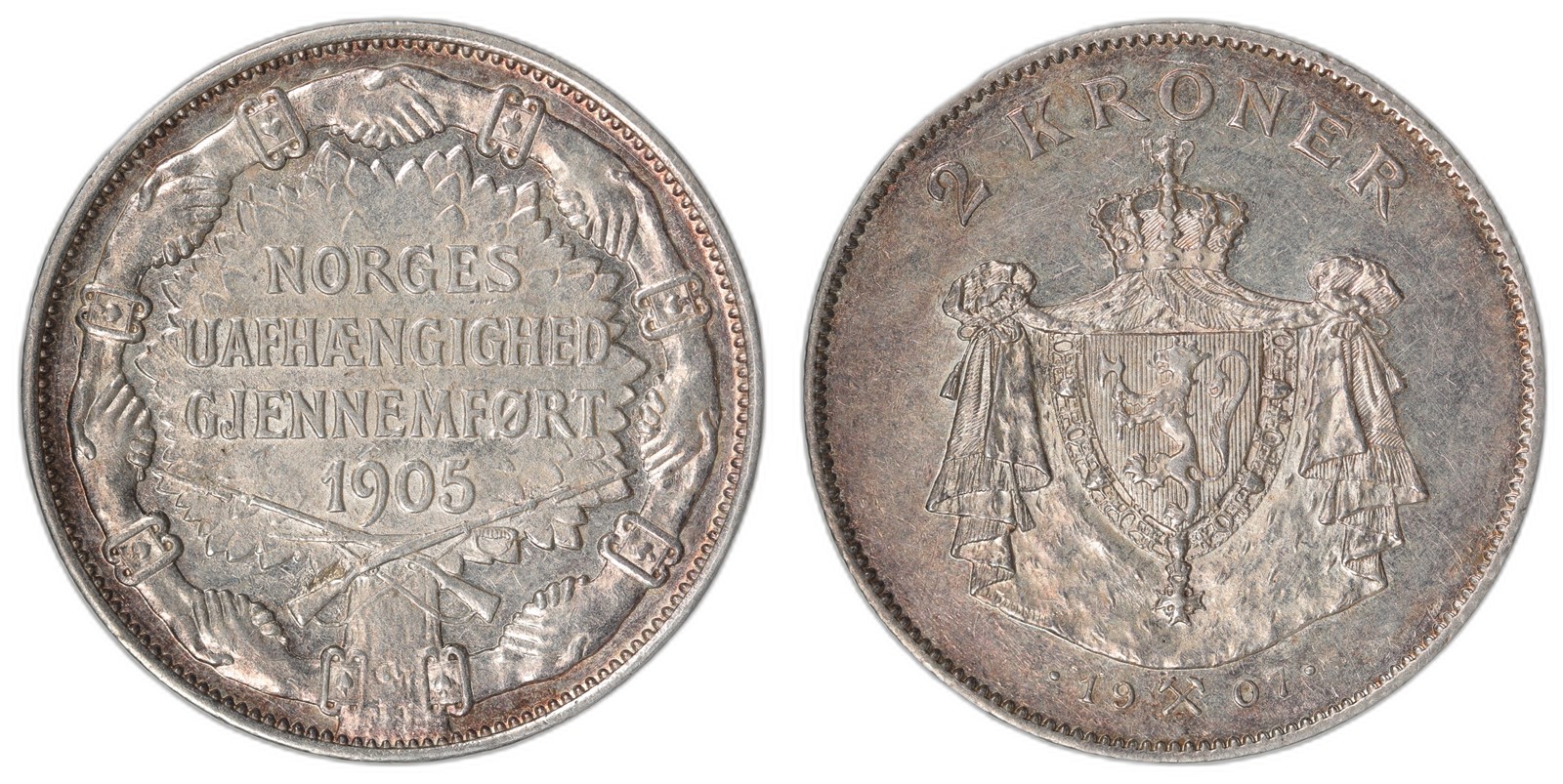 NORWAY. Haakon VII. 2 Kroner 1907. Gevær. Kv 01 (AU).