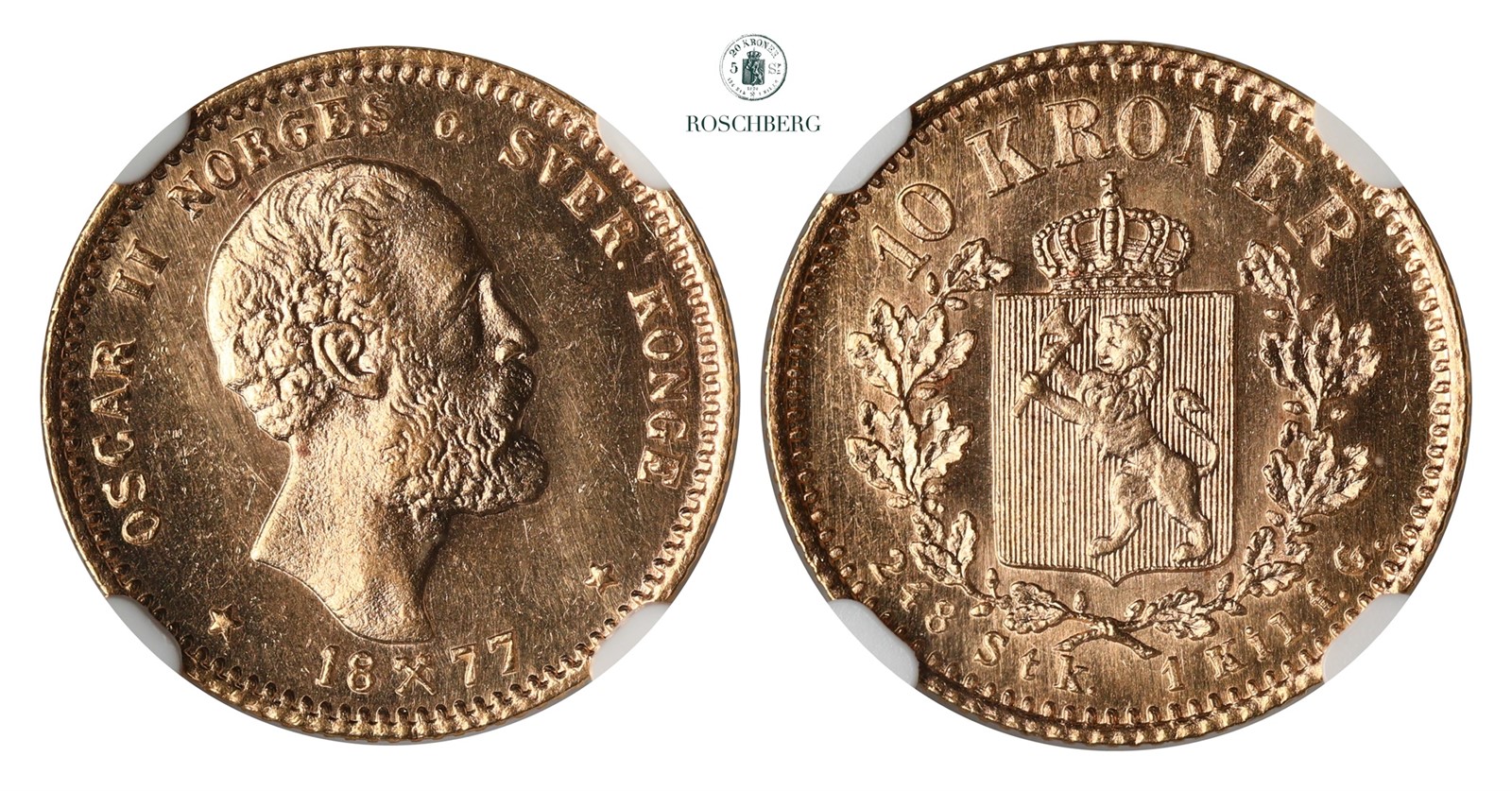 10 kroner 1877 NGC MS64