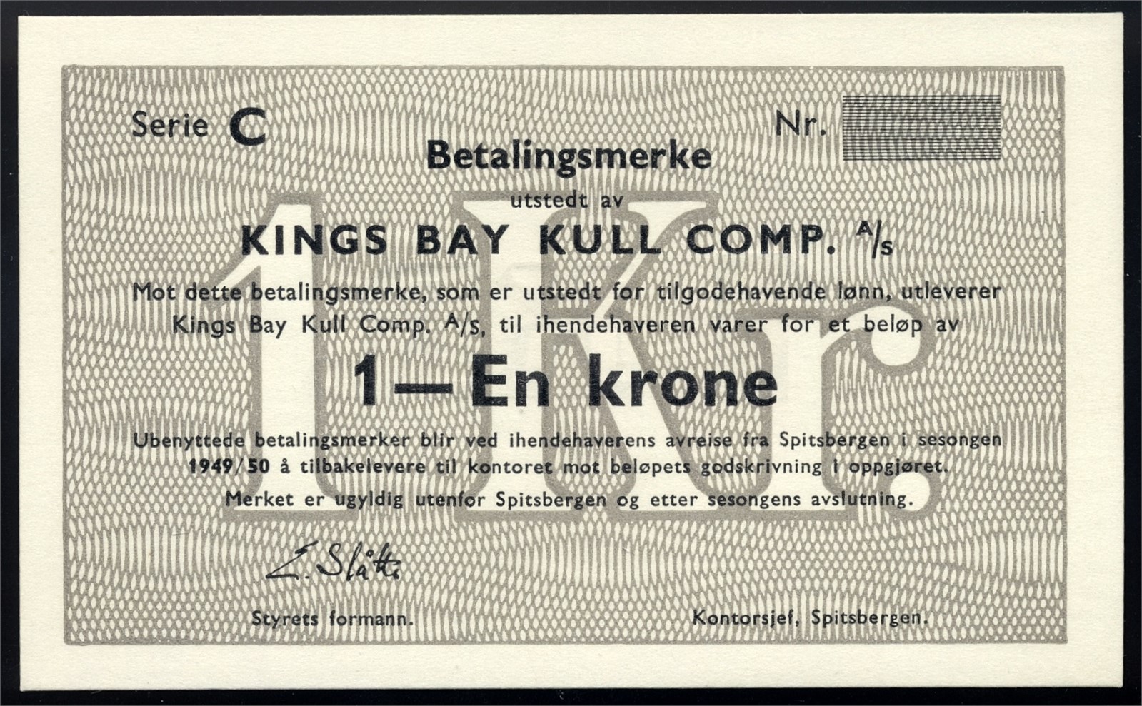 KINGS BAY. 1 Krone 1949/50 Blankett/Remainder Kv 0-(UNC)