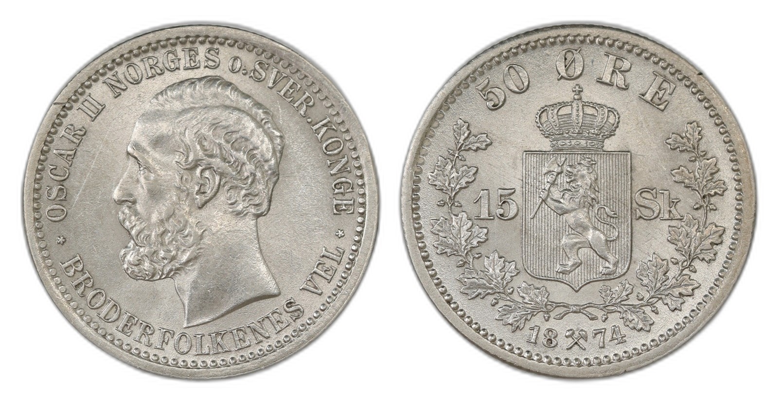 Norway. Oscar II. 50 Øre / 15 Sk 1874. Kv 0/01.