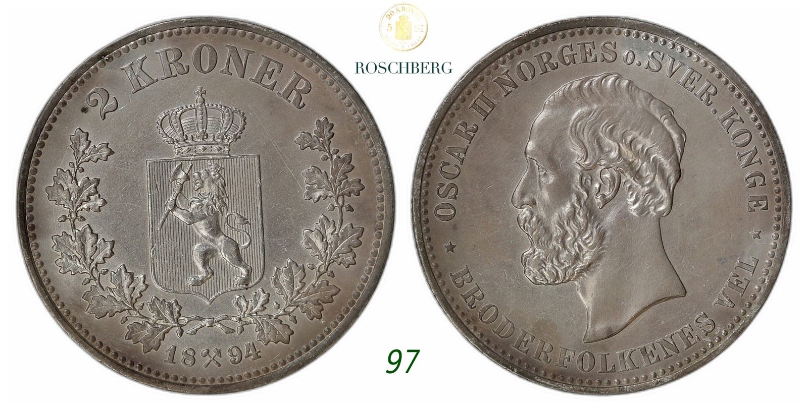 NORWAY. Oscar II. 2 Kroner 1894.