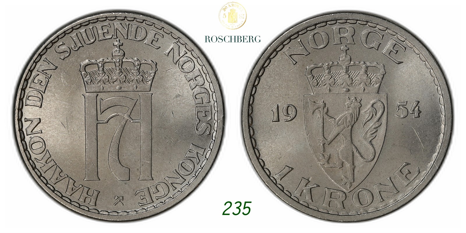 NORWAY. Haakon VII. 1 Krone 1954.