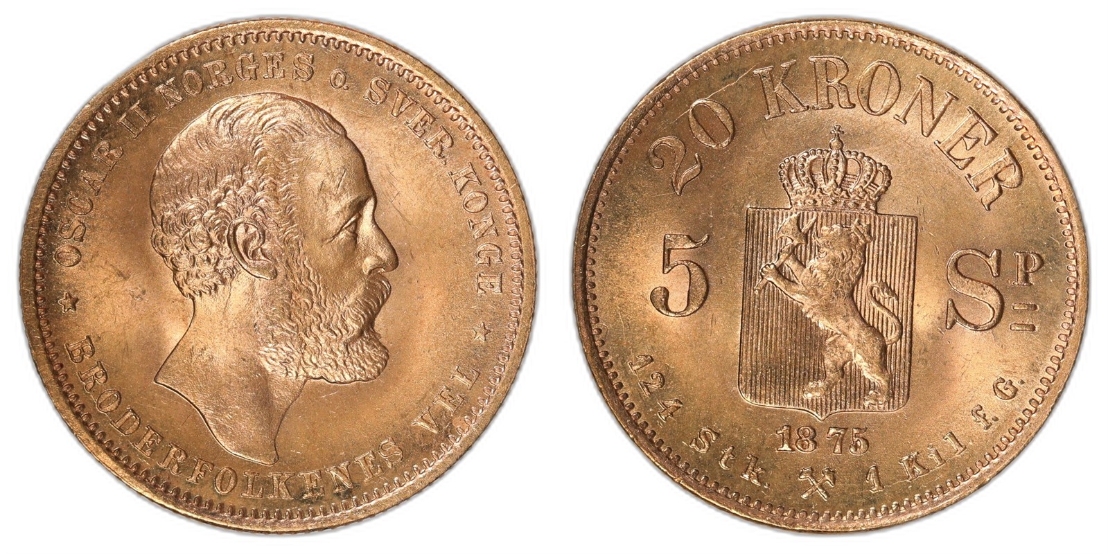 NORWAY. Oscar II. 20 Kroner / 5 Sp 1875. Kv 0/01 (UNC).