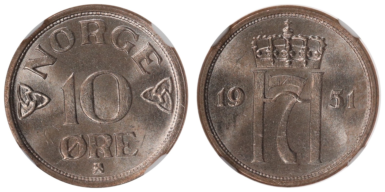 NORWAY. Haakon VII. 10 Øre. 1951. NGC MS64.