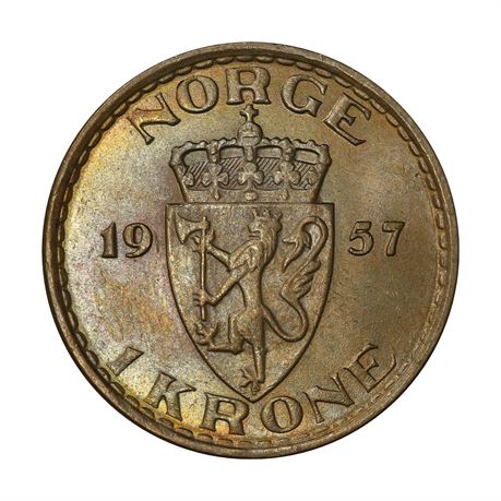 1 Krone 1957 Kv 0, vakker toning