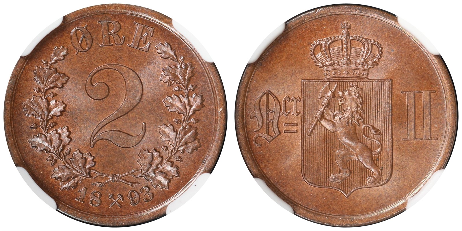 NORWAY. Oscar II. 2 Øre 1893. NGC MS67.