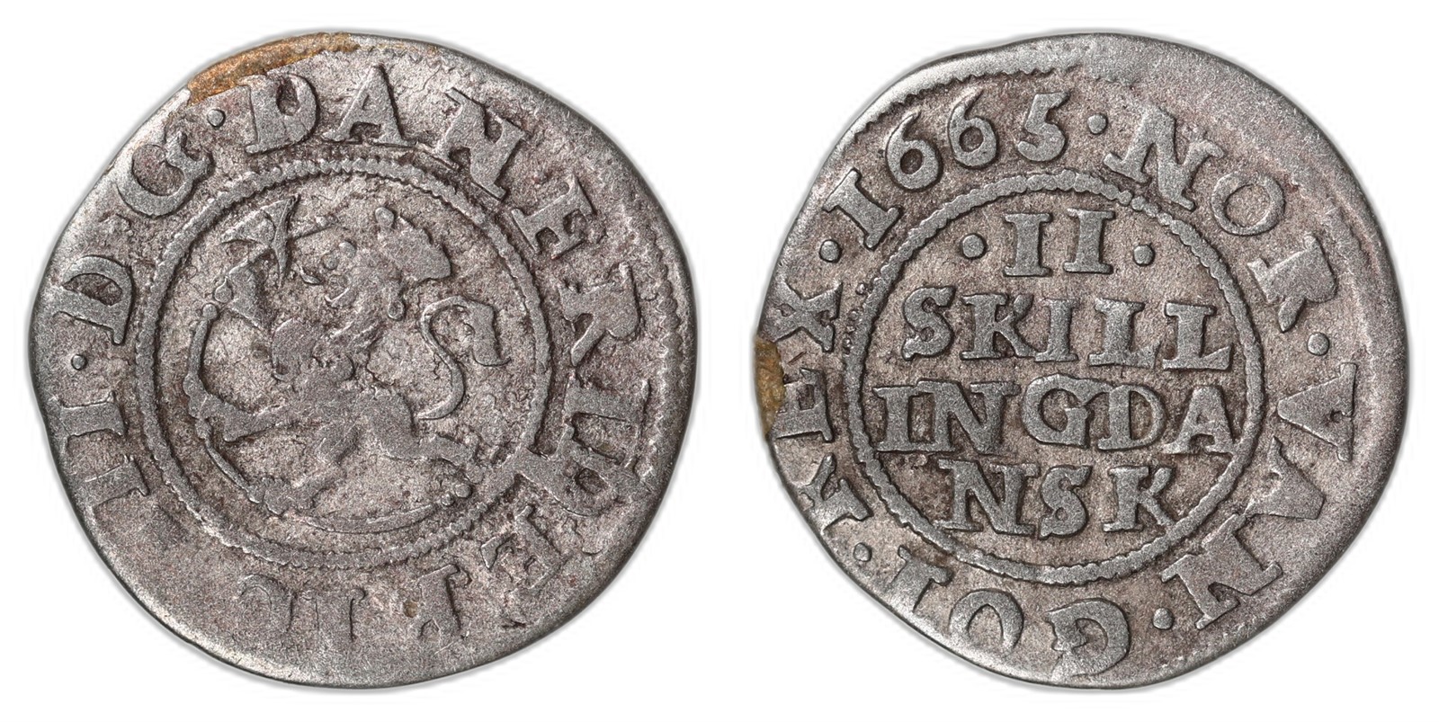 NORWAY. Frederik III. 2 Skilling. 1665. Kv 1 (VF).