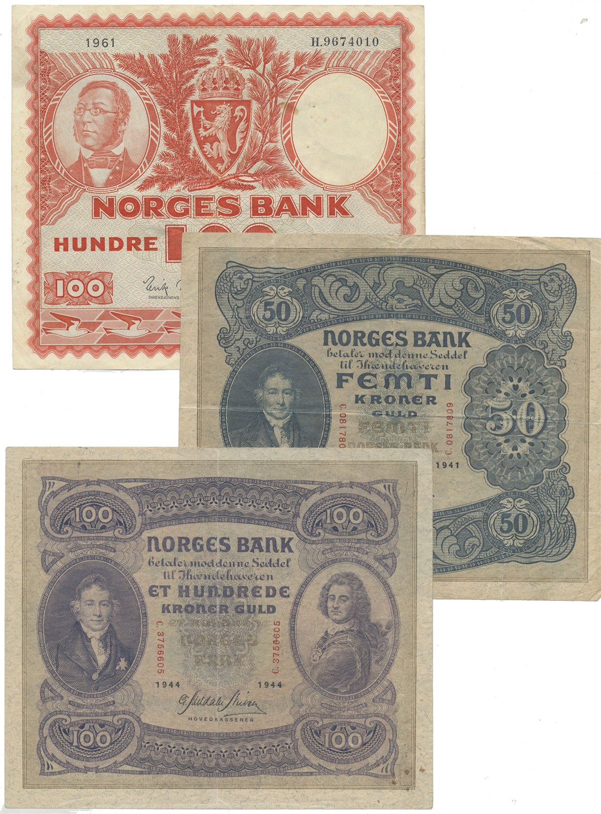 100 Kroner 1944 C og 1961 H, samt 50 Kroner 1941 C. VK