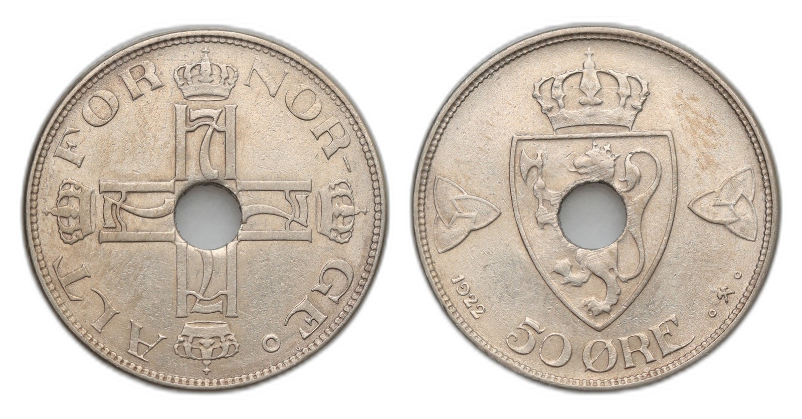 Norway. Haakon VII. 50 Øre 1922- Centre Hole. Kv 01.