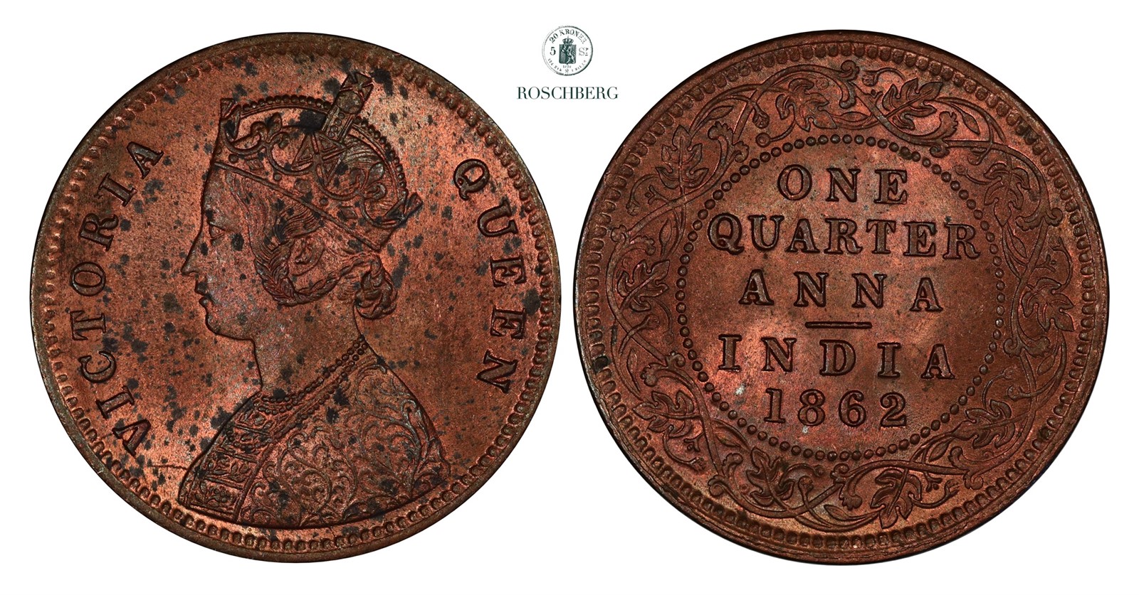 INDIA, BRITISH. 1/4 Anna 1862 UNC