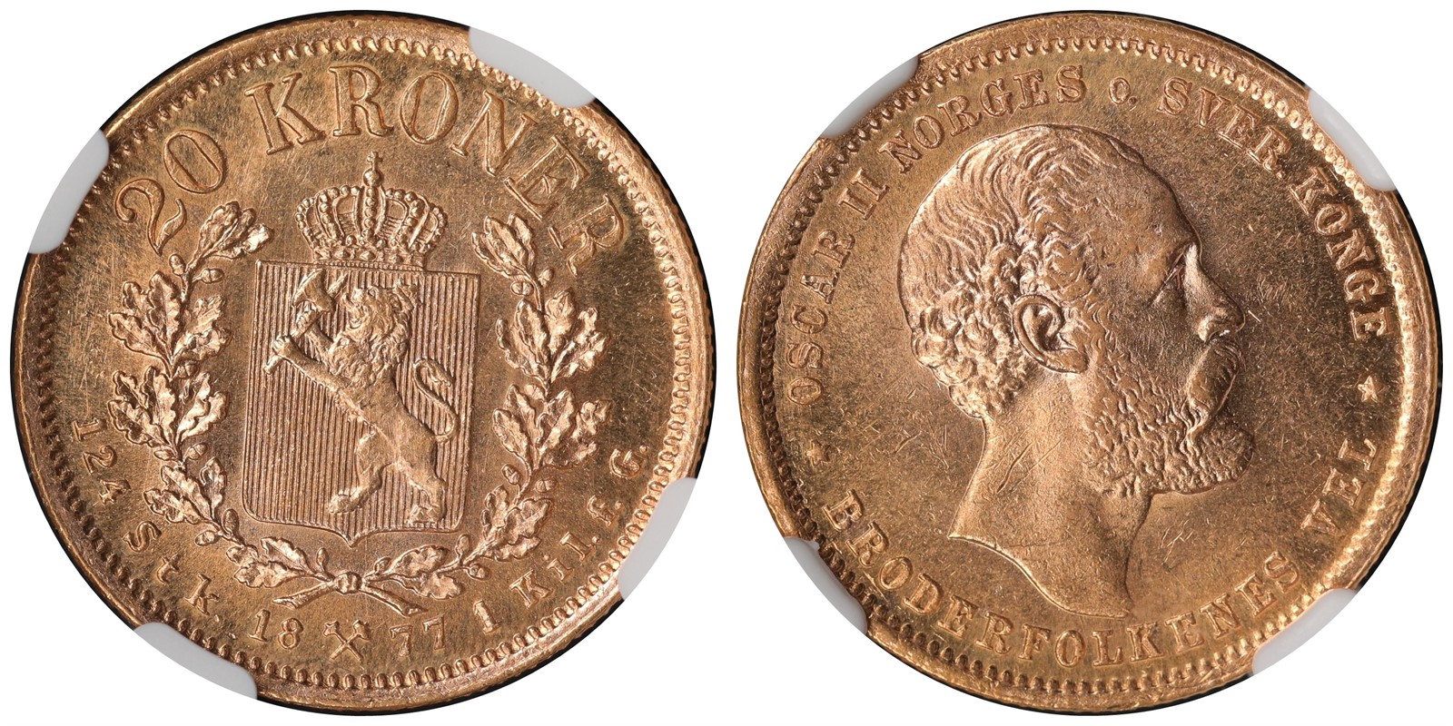 NORWAY. Oscar II. 20 Kroner 1877. NGC MS63.